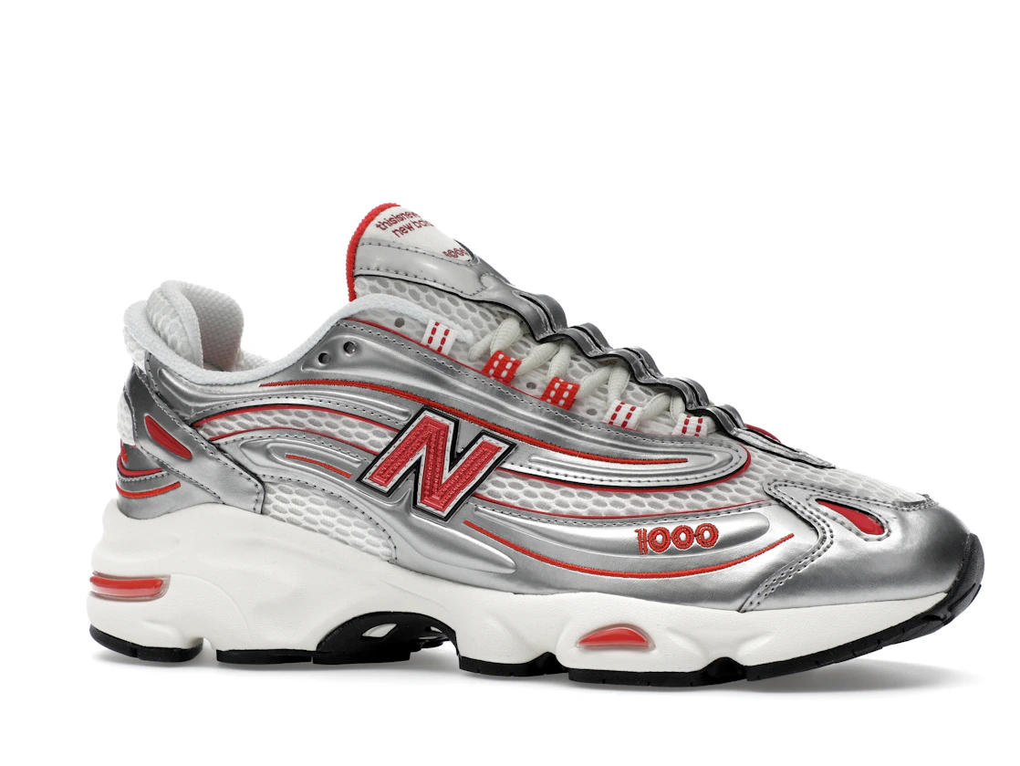 Vue 3 de New Balance 1000 thisisneverthat Metallic Silver Red