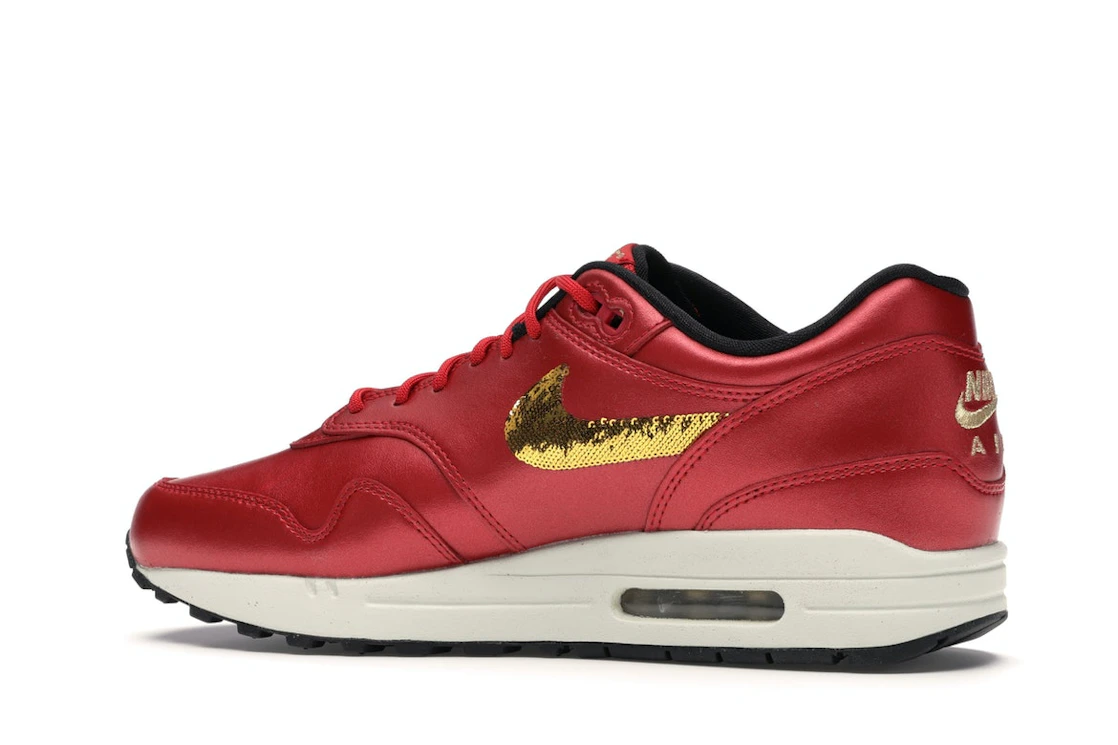 Vue 21 de Nike Air Max 1 Red Gold Sequin 