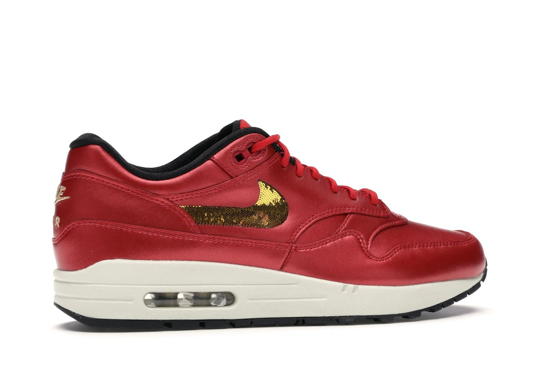 Vue 35 de Nike Air Max 1 Red Gold Sequin 
